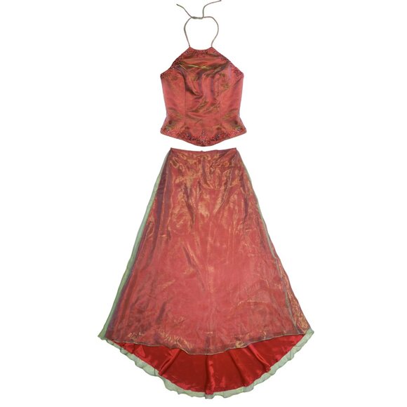 00s Halter Neck Mesh Overlay Top and Skirt Set Prom Gown - Picture 1 of 6